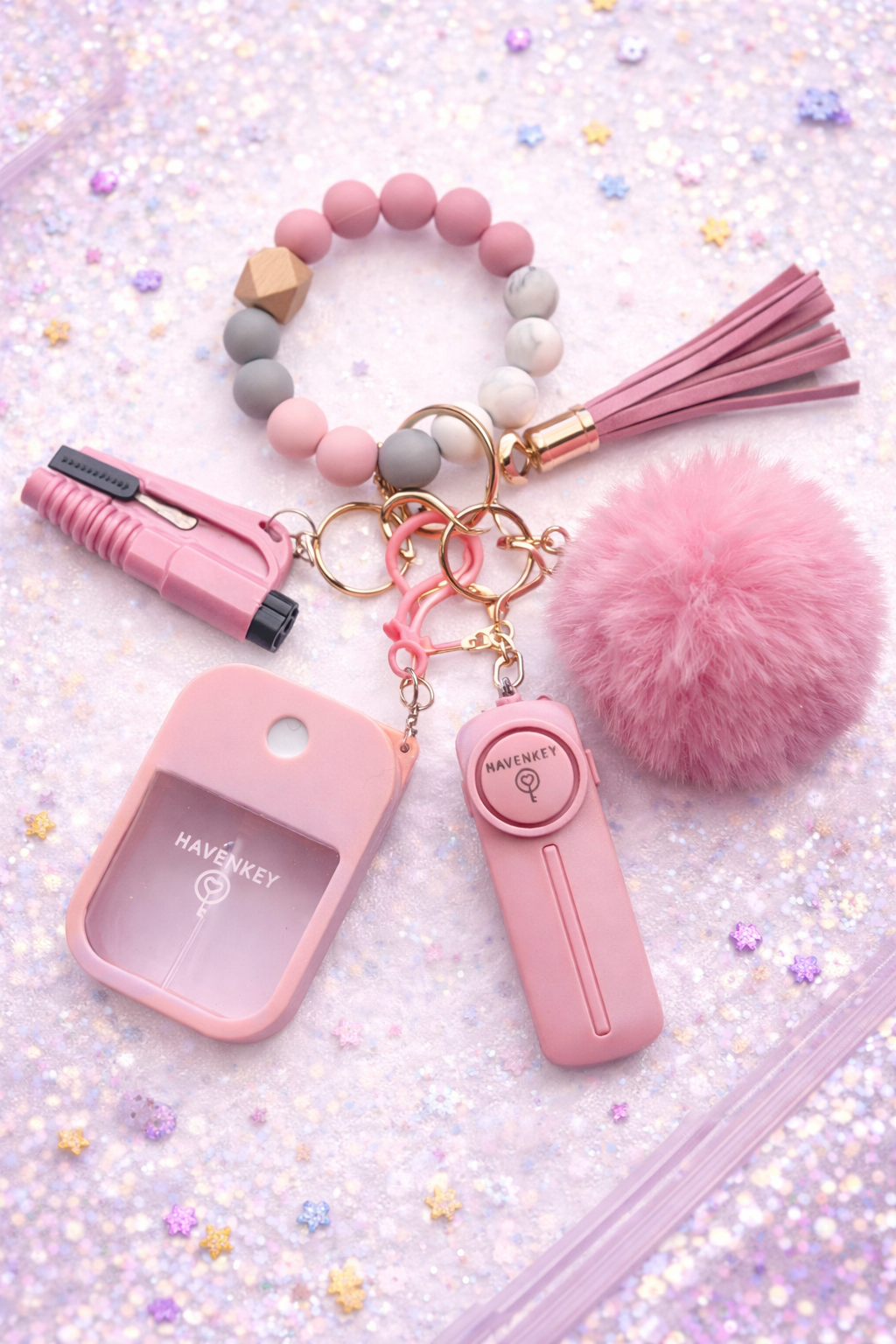 Personal Safety Keychain Set with Bracelet - Pink