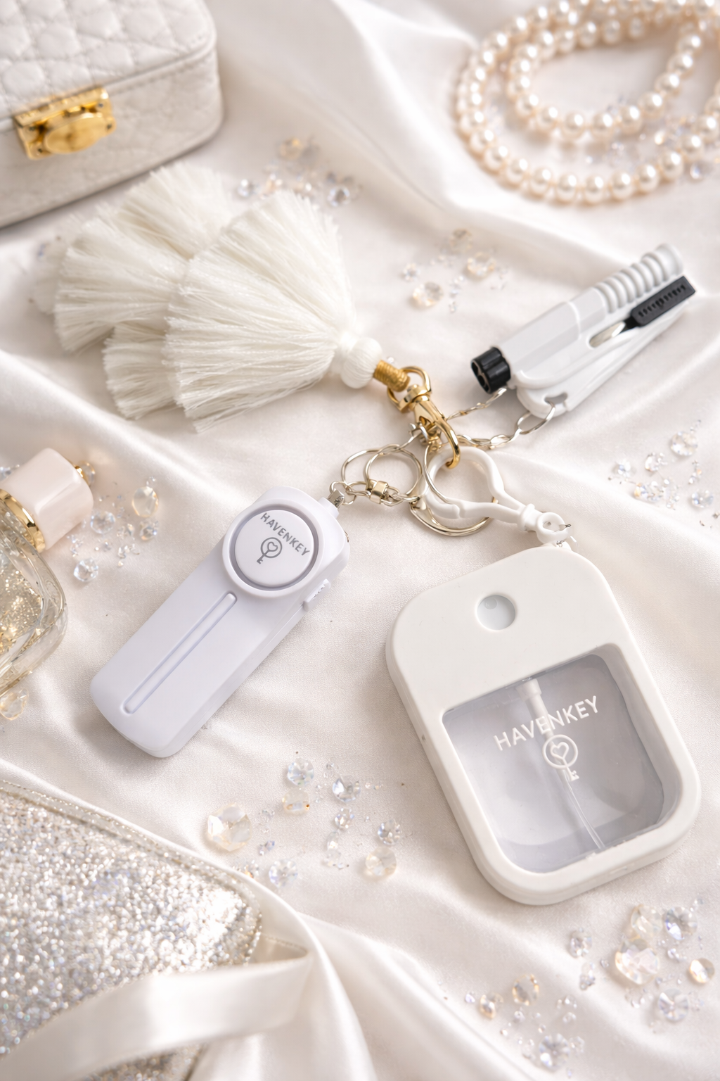 Personal Safety Keychain Set with Tassel - White
